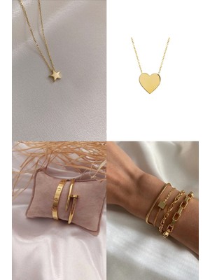 TRY Altın Renk Kombin Kalp Kolye Yıldız Kolye Kartier Çivi Bileklik ve Küp Kombin Bileklik - 2171