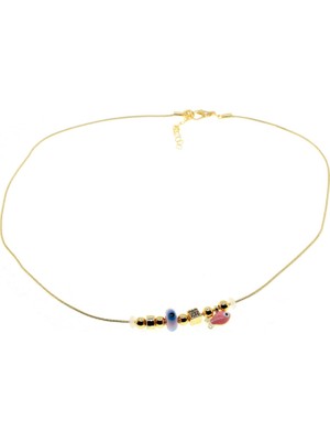 TRY Altın Renk Pembe Mineli Balık Pandora Model Zirkon Kolye  - 2984