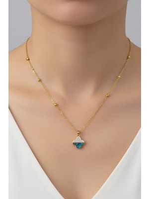 TRY Altın Renk Van Cleef Yonca Taşlı Altı Sedef Model Top Zincir Çelik Kolye- 3705
