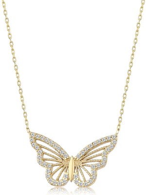 TRY Altın Renk Kolye Zirkon Taşlı Kelebek Bayan Kolye 1054