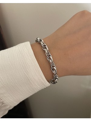 TRY Gümüş Kaplama Iç Içe Geçmeli Zincir Halat Unisex Çelik Bileklik - 3213