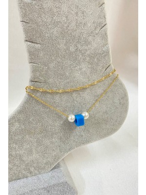 TRY Altın Renk Inci Bodrum Boncuk Model Singapur ve Sf Zincir Çelik Halhal - 3241