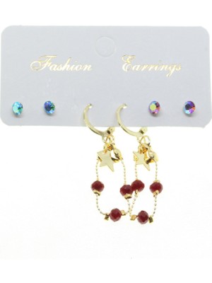 TRY Altın Renk Yıldız Yuvarlak Kombin Bordo Boncuk Küpe - 2837