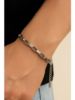 TRY Gümüş Renk Küp Zincir Unisex Çelik Bileklik - 3340