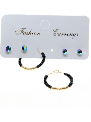 TRY Altın Renk Kombin Yuvarlak Siyah Boncuk Küpe - 2827