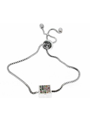 TRY Gümüş Renk Renkli Taş Kare Model Asansör Zirkon Bileklik - 2041