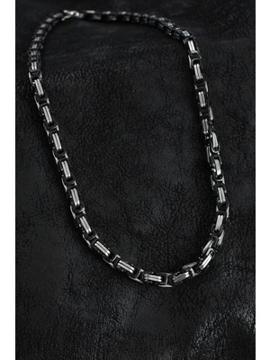 Stainles Steel Paslanmaz Çelik Erkek Zincir Kolye – Siyah Gümüş Detaylı
