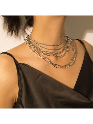 TRY Moda Gümüş Renk Çok Katmanlı Kolye Punk Trendy Gerdanlık Kolye