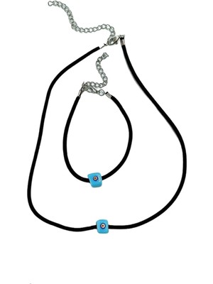 TRY Cam Göz Kadife Kolye ve Bileklik Set