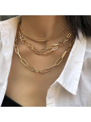 TRY Moda Altın Renk Çok Katmanlı Kolye Punk Trendy Gerdanlık Kolye