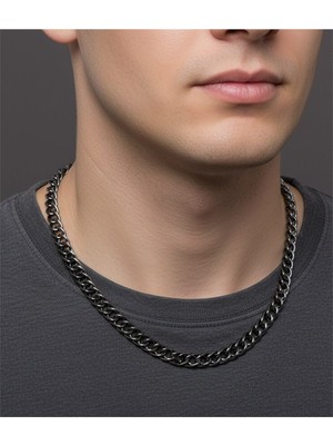 TRY Kalın 6mm Sık Aralıklı Yassı Zincir Siyah Renk Unisex Kolye - 346