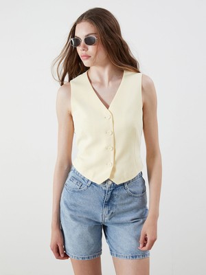 Lc Waikiki Yeni Sezon V Yaka Keten Görünümlü Kadın Klasik Yelek