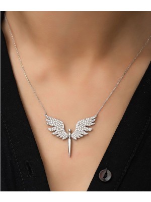 TRY Gümüş Renk Mikail Meleği Kanatlı Beyaz Taşlı Zirkon Kolye - 1076