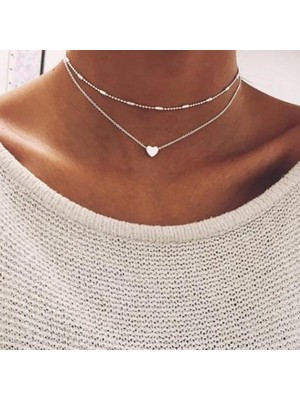 TRY Gümüş Renk Gerdanlık Kolye Kadınlar Için Top Zincir Kalp Kolye
