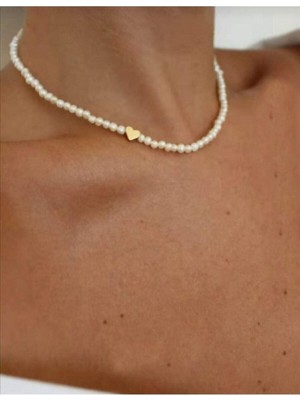 TRY Altın Renk Kalpli Inci Kolye - 2109