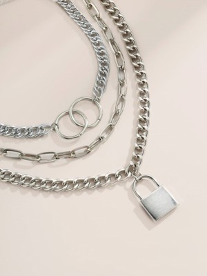 TRY Gümüş Rengi Kilit ve Halka 3 Katmanlı Kolye