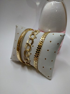 TRY Kombin Kadın Altın Kaplama Kombin Düz Model Kartier Kılçık Çift Zincir Bileklik -1238