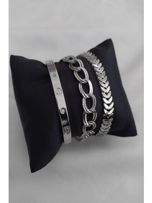 TRY Kombin Kadın Gümüş Kaplama Kombin Taşlı Kartier Kılçık Çift Zincir Bileklik 959