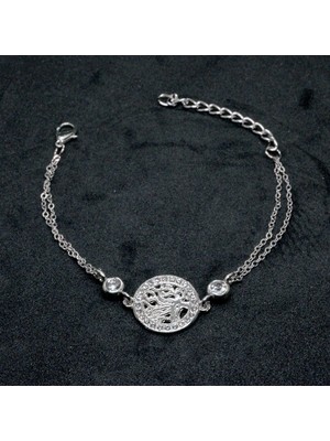 TRY Gümüş Renk Yuvarlak Hayat Ağacı Figürlü  Çift Zincirli  Bileklik  889