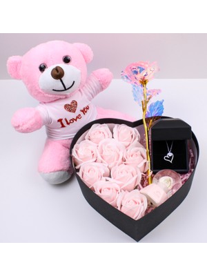 Trend Robo Sevgililer Günü Romantik Kalp Kutu Güllü Ayıcık ve Kalp Kolye Hediye Seti - 925 Ayar Gümüş Kolye