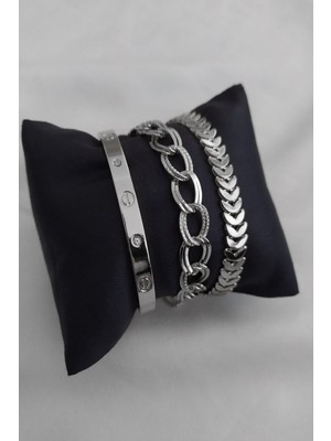 TRY Kombin Kadın Gümüş Kaplama Kombin Taşlı Kartier Kılçık Çift Zincir Bileklik 959