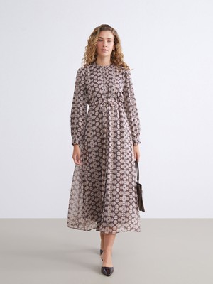 Lc Waikiki Yeni Sezon Hakim Yaka Desenli Belden Oturtmalı Şifon Elbise