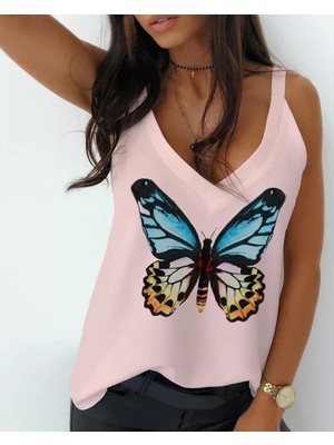 Yeşil Sarmaşık Kadın Kelebek Baskılı Sandy Kumaş Askılı Bluz