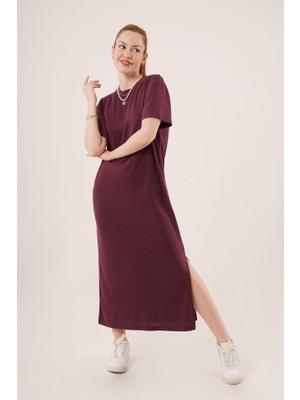 Yeşil Sarmaşık Yırtmaç Detaylı Kısa Kollu Salaş Maxi Bordo Elbise