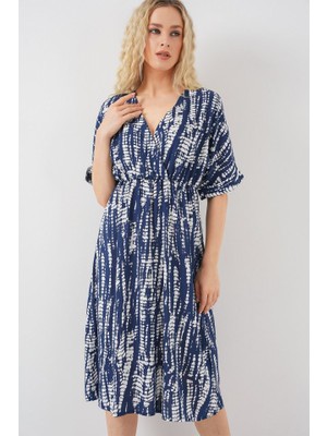 Desenli Kısa Kol Elbise 2569 - Lacivert