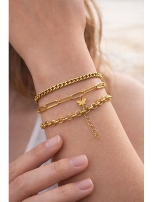 Stainles Steel Altın Renk Paslanmaz Çelik 3’lü Zincir Bileklik Seti – Kelebek Detaylı
