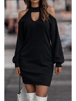 Yeşil Sarmaşık Kadın Uzun Kollu Omuzları Açık Boyundan Şerit Detay Kaşkorse Elbise