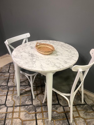Vogue Tasarım ve Aksesuar 80 cm Yuvarlak Yemek Mutfak Balkon Masası Beyaz Mermer Desenli Şık & Dayanıklı