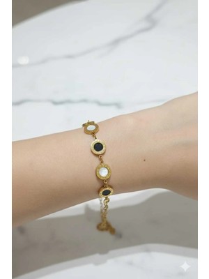 Stainless Steel Gold Siyah Beyaz Taşlı Çelik Bileklik