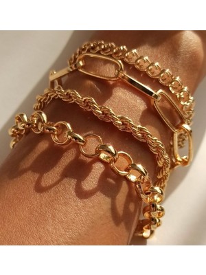 TRY Kadın Altın Italyan Zincirli Burgulu Kombin Bileklik