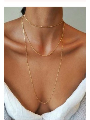 TRY Kadın Üçlü Şeri Zincir Kolye Gold Kaplama Katmanlı Kolye Choker Uzun Çoklu Kolye