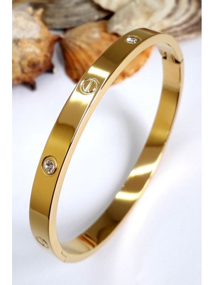 TRY Alaşım Kartier Kelepçe Taşlı Bileklik Gold