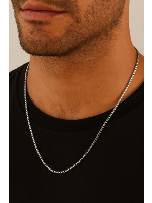 TRY Gümüş Renk 1 Mm. Kutu Zincir Unisex Zincir Gri Alaşım Kolye Asansör Çelik Kolye - 207