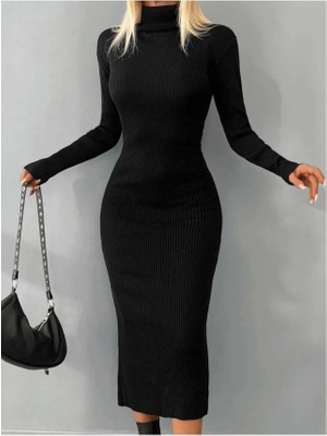 Yeşil Sarmaşık Kadın Balıkçı Yaka Fitilli Triko Kalem Elbise