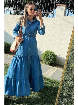 Yeşil Sarmaşık Mavi Gömlek Elbise