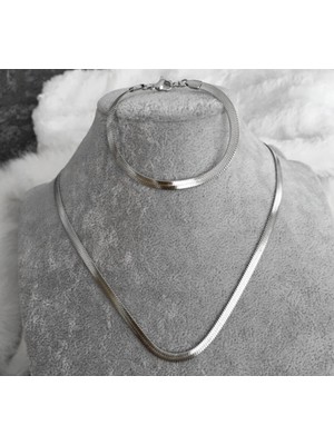 TRY Gümüş Kaplama Italyan Ezme Zincir Kolye Bileklik Takı Seti