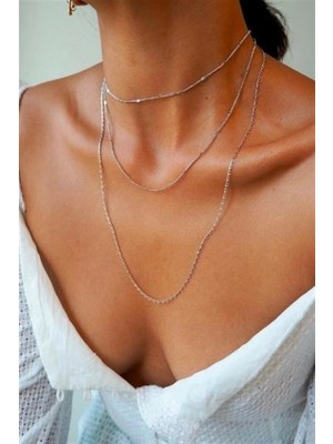 TRY Kadın Üçlü Şeri Zincir Kolye Silver Katmanlı Kolye Choker Uzun Çoklu Kolye