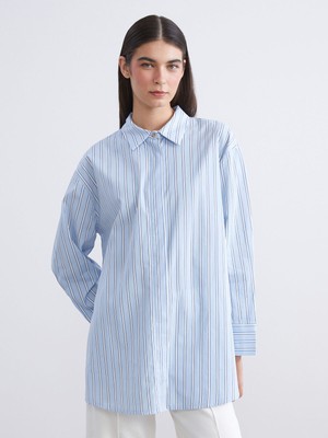 Lc Waikiki Yeni Sezon Çizgili Oversize Poplin Kadın Gömlek Tunik