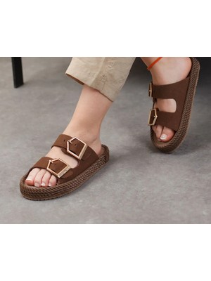 Kindep Çift Toka Hasır Günlük Kadın Terlik Taba