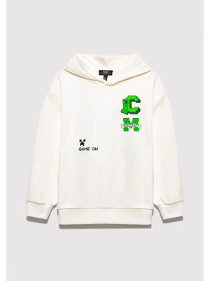 Mavi Minecraft Baskılı Kapüşonlu Ekru Sweatshirt. 6S10176-70057