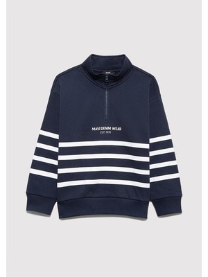 Mavi Yarı Fermuarlı Çizgili Sweatshirt 6S10067-82318
