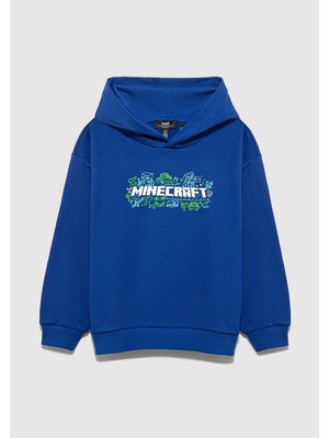 Mavi Minecraft Baskılı Kapüşonlu Mavi Sweatshirt 6S10180-70907