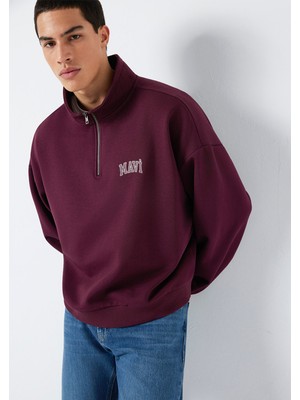 Mavi Mavi Logo Baskılı Yarı Fermuarlı Bordo Sweatshirt 0S10208-70434