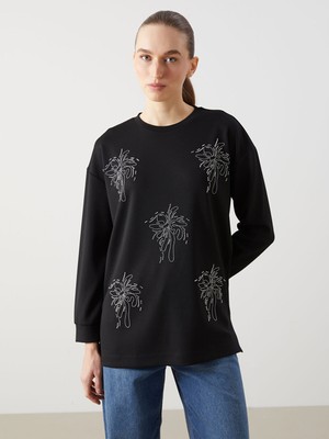 Lc Waikiki Yeni Sezon Bisiklet Yaka Taşlı Oversize Kadın Sweatshirt Tunik