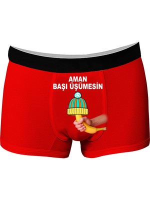 Onudabunuda Baskılı Erkek Boxer Aman Başı Üşümesin Desenli Komik Eğlenceli Pamuklu Rahat Kesim Kırmızı Siyah