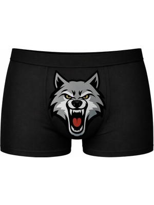 Onudabunuda Baskılı Erkek Boxer Kurt Desenli Komik Eğlenceli Pamuklu Rahat Kesim Kırmızı Siyah